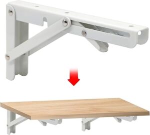 Sturdy Folding Shelf Brackets Small Arm White Heavy Duty Triangle Wall Mount Collapsible Shelf Bracket with Install Screws for Small Bench Table Space Saving 2 Pcs, (14 Inch = 35.56 Cm)-B0DXCK8TCT