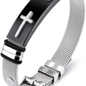 1Pcs - Cross Stainles Steel Mesh Belt Bracelet Fashion Men's Wrist Bracelets On Hand Classic Bracelet Adjustable Jewelry MAx 21Cm-B0DL2DLSWK