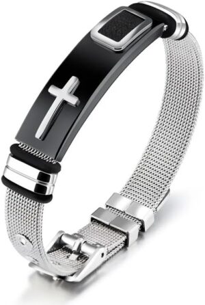 1Pcs - Cross Stainles Steel Mesh Belt Bracelet Fashion Men's Wrist Bracelets On Hand Classic Bracelet Adjustable Jewelry MAx 21Cm-B0DL2DLSWK