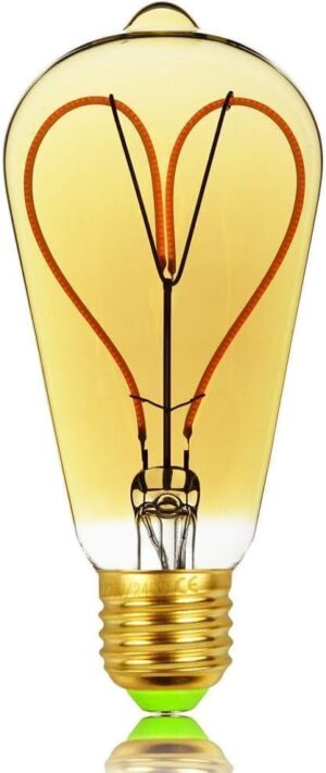 [Green Light- Energy Class A++] Designer Classic LED Filament ST64 Heart Love Design 4 W Dimmable 220/240 V E27 Vintage Light Bulb Antique Amber لمبة ديكور علي شكل قلب ضوء أخضر 4 واط-B0CNLK9L8T