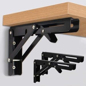 Sturdy Folding Shelf Brackets Small Arm White Heavy Duty Triangle Wall Mount Collapsible Shelf Bracket with Install Screws for Small Bench Table Space Saving 2 Pcs, (24 Cm=10 Inch) Black-B0DYK4NWY2