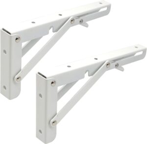 Sturdy Folding Shelf Brackets Small Arm White Heavy Duty Triangle Wall Mount Collapsible Shelf Bracket with Install Screws for Small Bench Table Space Saving 2 Pcs, (16 Inch = 40.64 Cm)-B0DXCK1R4B