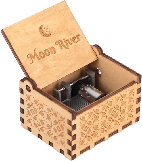 Wooden Music Box Hand Music Box Wooden Engraved Hand Crank Carved Plywood Crank Carved Vintage Mechanism Music Box(Moon river)-B0B1X1M2DM