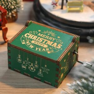 [1Pcs] Merry Christmas Wooden Hand Cranked Collectible Jingle Bell Themed Brown Music Box (Colored Merry Christmas Edition) (D)-B0CKF9WKYC