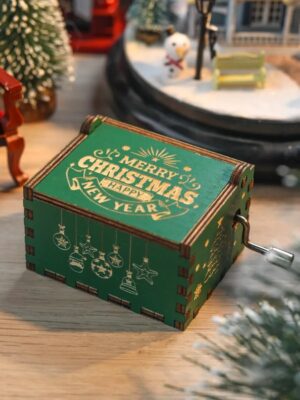 [1Pcs] Merry Christmas Wooden Hand Cranked Collectible Jingle Bell Themed Brown Music Box (Colored Merry Christmas Edition) (D)-B0CKF9WKYC