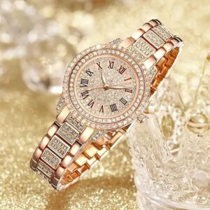 [ 1pcs -Rose Gold] Shining Diamond Watch Luxury Women Brand Quartz Gold Bracelet Watches Ladies Zircon Crystal Top Elegant Wristwatch Clock Gifts-B0D1GZ2NXN