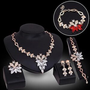 New 4Pcs Jewelry Set Flower Design Birthday Gift Durable Necklace Earrings Bracelet Ring Jewelry Set for Wedding Gift-B0C562458S