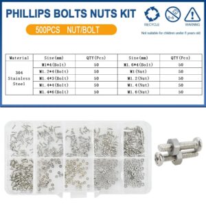 Stock Small Screws Stainless Steel Glasses Watch Screw Nuts Set Phillips Cross Round Head Motherboard PCB Bolts Kit 500Pcs (M1 500Pcs)-B0D1GV2KDG