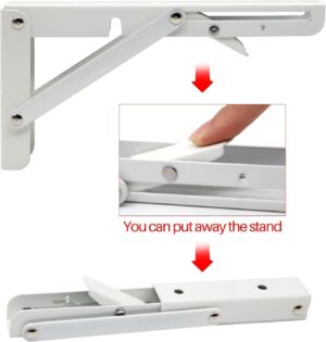 Sturdy Folding Shelf Brackets Small Arm White Heavy Duty Triangle Wall Mount Collapsible Shelf Bracket with Install Screws for Small Bench Table Space Saving 2 Pcs, (16 Inch = 40.64 Cm)-B0DXCK1R4B