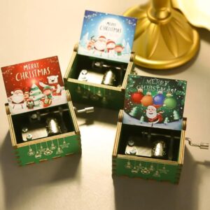 [1Pcs] Merry Christmas Wooden Hand Cranked Collectible Jingle Bell Themed Brown Music Box (Colored Merry Christmas Edition) (A)-B0CKBSR1H6