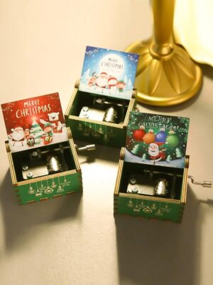 [1Pcs] Merry Christmas Wooden Hand Cranked Collectible Jingle Bell Themed Brown Music Box (Colored Merry Christmas Edition) (A)-B0CKBSR1H6