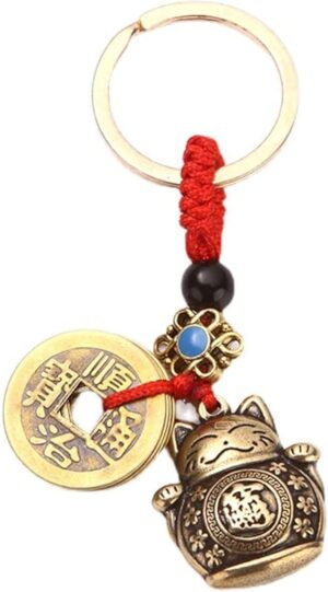 1 pcs - Pure Handmade Brass Lucky Cat Car Keychain Lucky Cat Five Emperors Money Keychain Feng Shui Coins Solid Lucky Key Rings-B0BXTXXL4Z
