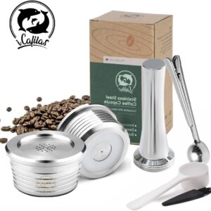 [2 Cpsuls Stainless + Tamper ] Reusable stainless steel coffee capsule kitchen reusable coffee capsule cup filter compatible with Delta (Q) coffee accessories,-B0DHLV4V7K