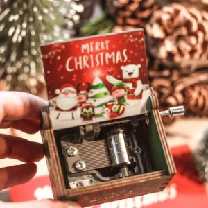 [1Pcs] Merry Christmas Wooden Hand Cranked Collectible Jingle Bell Themed Brown Music Box (Colored Merry Christmas Edition) (D)-B0CKF9WKYC