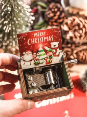 [1Pcs] Merry Christmas Wooden Hand Cranked Collectible Jingle Bell Themed Brown Music Box (Colored Merry Christmas Edition) (D)-B0CKF9WKYC