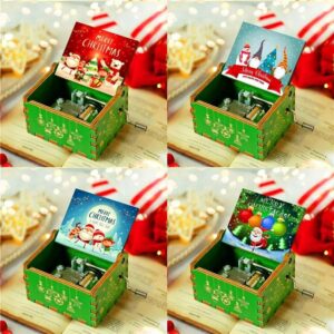 [1Pcs] Merry Christmas Wooden Hand Cranked Collectible Jingle Bell Themed Brown Music Box (Colored Merry Christmas Edition) (00130CH)-B0CM5Z5W85