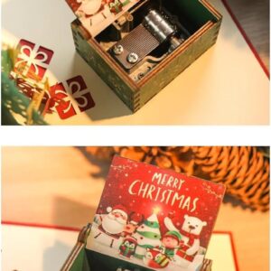 [1Pcs] Merry Christmas Wooden Hand Cranked Collectible Jingle Bell Themed Brown Music Box (Colored Merry Christmas Edition) (C)-B0CKBZ95C9