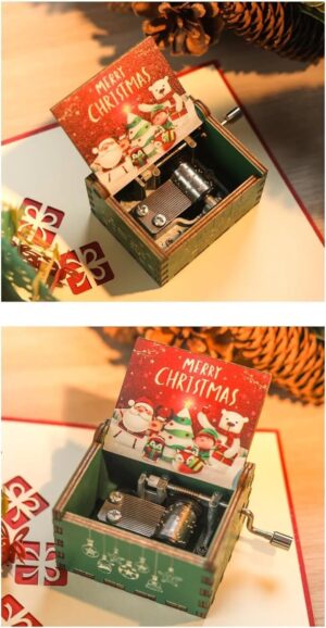 [1Pcs] Merry Christmas Wooden Hand Cranked Collectible Jingle Bell Themed Brown Music Box (Colored Merry Christmas Edition) (C)-B0CKBZ95C9