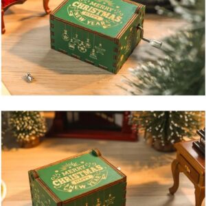 [1Pcs] Merry Christmas Wooden Hand Cranked Collectible Jingle Bell Themed Brown Music Box (Colored Merry Christmas Edition) (C)-B0CKBZ95C9