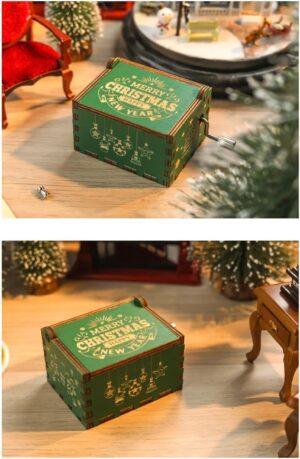 [1Pcs] Merry Christmas Wooden Hand Cranked Collectible Jingle Bell Themed Brown Music Box (Colored Merry Christmas Edition) (C)-B0CKBZ95C9