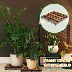 حامل نباتات خشبي 40 سم مع عجلات قابلة للقفل حامل نباتات دوار شديد التحمل 220 باوند، بكرة نباتات مع عجلات، قاعدة دوارة قوية للنباتات للاستخدام الداخلي والخارجي (بني منقط)-B0DRZ6PC3K