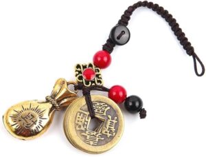 Handmade Rope Lucky Feng Shui Hanging Vintage Brass Money Bag Keychain Pendant Jewelry Ancient Five Emperors Coins Car Key Chain-B0BNXR6YQJ