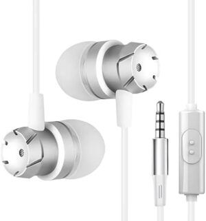 [ 1 Pcs - White XSilver ] Metal Wired Super Bass Earbud 3.5mm Built-in Microphone Hand Free Noise Reduction Gaming Universal Headset Sport Earphone-B0DZJ23HSS