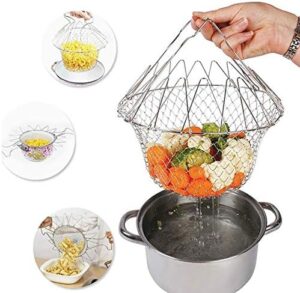 Stainless Steel Foldable Steam Rinse Strain Fry French Chef Basket Magic Basket Mesh Basket Strainer Net Kitchen Cooking Tools-B097VZ27H9