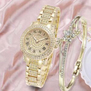 [ 1pcs -Rose Gold] Hot Fashion Women Luxury Diamond Watches Bracelet Ladies Quartz Watch Rose Gold, Silver, Golden as shown Womens Wristwatch Shiny Crystal Reloj Mujer-B0DZ9NLQQ9