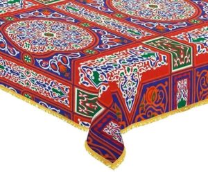 Ramadan Khayamiya Mixed Cotton Ablecloth With End-Red Decorations Decorative Tablecloth for Ramadan Celebrations, [Rectangle] (1.50 X 1.50M)-B0DZD78SZ7