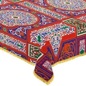Ramadan Khayamiya Mixed Cotton Ablecloth With End-Red Decorations Decorative Tablecloth for Ramadan Celebrations, [Rectangle] (1.50 X 1.50M)-B0DZD78SZ7