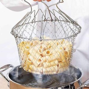 Stainless Steel Foldable Steam Rinse Strain Fry French Chef Basket Magic Basket Mesh Basket Strainer Net Kitchen Cooking Tools-B097VZ27H9