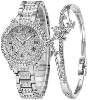 [ 1pcs -Rose Gold] Hot Fashion Women Luxury Diamond Watches Bracelet Ladies Quartz Watch Rose Gold, Silver, Golden as shown Womens Wristwatch Shiny Crystal Reloj Mujer-B0DZ9NLQQ9