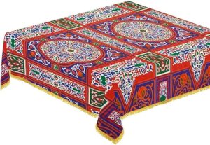 Ramadan Khayamiya Mixed Cotton Ablecloth With End-Red Decorations Decorative Tablecloth for Ramadan Celebrations, [Rectangle] (1.50 X 1.50M)-B0DZD78SZ7