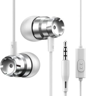 [ 1 Pcs - White XSilver ] Metal Wired Super Bass Earbud 3.5mm Built-in Microphone Hand Free Noise Reduction Gaming Universal Headset Sport Earphone-B0DZJ23HSS