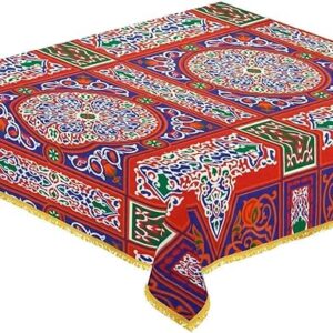 Ramadan Khayamiya Mixed Cotton Ablecloth With End-Red Decorations Decorative Tablecloth for Ramadan Celebrations, [Rectangle] (1.50 X 1.50M)-B0DZD78SZ7