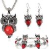 MySouq-Store [One Set] Unique Silver Plated Wisdom Owl Shape - Colors Turquoises Stone Necklace Drop Earrings Bracelet Animal Jewelry Sets (RED)-B0F5KNQFPC
