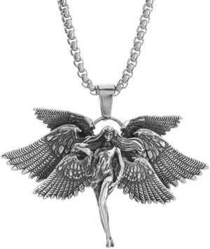 قلادة بدلاية على شكل ملاك حارس  (قطعة واحدة) - مجوهرات ملاك مجنحة عتيقة للرجال والنساء، تصميم فضي عتيق، مناسبة ايضا لقلادة السيارة" (كود 03-58 سم)-B0F4Y157HG