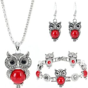 [One Set] Unique Silver Plated Wisdom Owl Shape - Colors Turquoises Stone Necklace Drop Earrings Bracelet Animal Jewelry Sets (RED)-B0F5KNQFPC