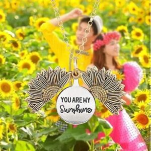(1pcs) You are My Sunshine Necklace Cute Engraved Sunflower Locket Necklace for Women Mom Daughter Girls Boys Girlfriend Valentine's Day Mother's Day with Necklace Gift Box-B0C6N33QFC