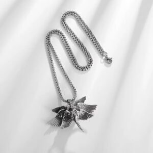 قلادة بدلاية على شكل ملاك حارس  (قطعة واحدة) - مجوهرات ملاك مجنحة عتيقة للرجال والنساء، تصميم فضي عتيق، مناسبة ايضا لقلادة السيارة" (كود 03-58 سم)-B0F4Y157HG