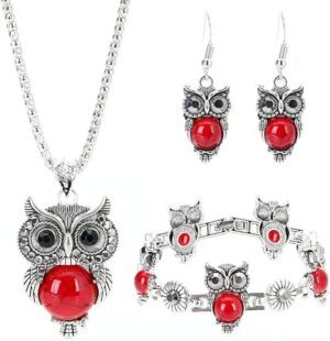 [One Set] Unique Silver Plated Wisdom Owl Shape - Colors Turquoises Stone Necklace Drop Earrings Bracelet Animal Jewelry Sets (RED)-B0F5KNQFPC