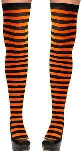 31BYadvqEPL._AC_ Women Girls Rainbow and Multicolor Striped Tights Opaque Stockings Full Length Pantyhose for Christmas Halloween Cosplay Traffic striped pant (Orange & Black)-B0DPK3YHLL