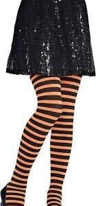 31baTIV2-cL._AC_ Women Girls Rainbow and Multicolor Striped Tights Opaque Stockings Full Length Pantyhose for Christmas Halloween Cosplay Traffic striped pant (Orange & Black)-B0DPK3YHLL