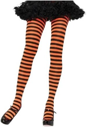 Women Girls Rainbow and Multicolor Striped Tights Opaque Stockings Full Length Pantyhose for Christmas Halloween Cosplay Traffic striped pant (Orange & Black)-B0DPK3YHLL