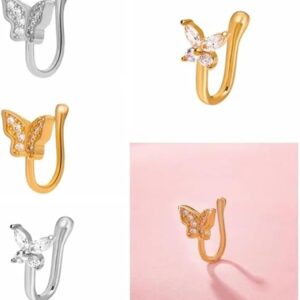 1Pcs Zircon Butterfly Nose Ring Copper Fake Piercing Clip On Nose Hoop Ring Body Jewelry Rhinestone Non Pierced Ear Clip Cuff Party-B0F31ZVYR2