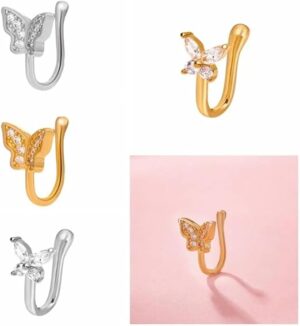 1Pcs Zircon Butterfly Nose Ring Copper Fake Piercing Clip On Nose Hoop Ring Body Jewelry Rhinestone Non Pierced Ear Clip Cuff Party-B0F31ZVYR2