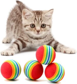 B0DFMJ7ZDZ-[4 pcs] Random Color Rainbow EVA Cat Play Ball Interactive Cat Dog Play Chewing Rattle Scratch EVA Ball Training Balls Pet Run Supplies,