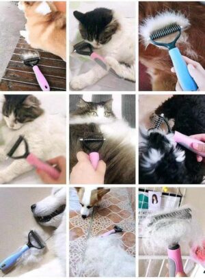 B0BRYNS9VC- Click to see full view Pet Grooming Shedding Brush Tool Comb Dematting Rakes Fur Knot Cutter Remove Rake Dog Cat Long Short Hair Metal Blade (Random Colors)