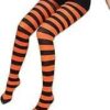Women Girls Rainbow and Multicolor Striped Tights Opaque Stockings Full Length Pantyhose for Christmas Halloween Cosplay Traffic striped pant (Orange & Black)-B0DPK3YHLL